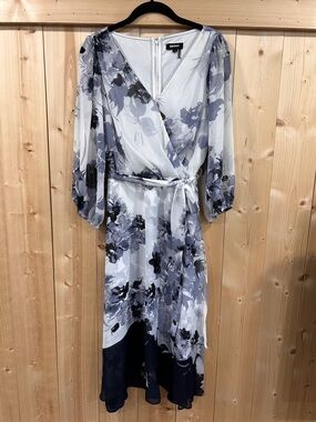 DKNY Navy Floral Balloon Sleeve Faux Wrap Midi Dress Romantic Boho Chic